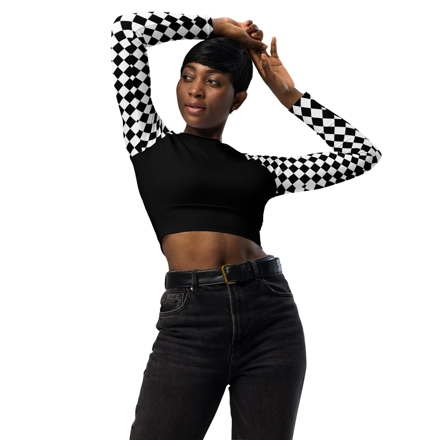 Geometric B&W Recycled Long Sleeve Crop Top