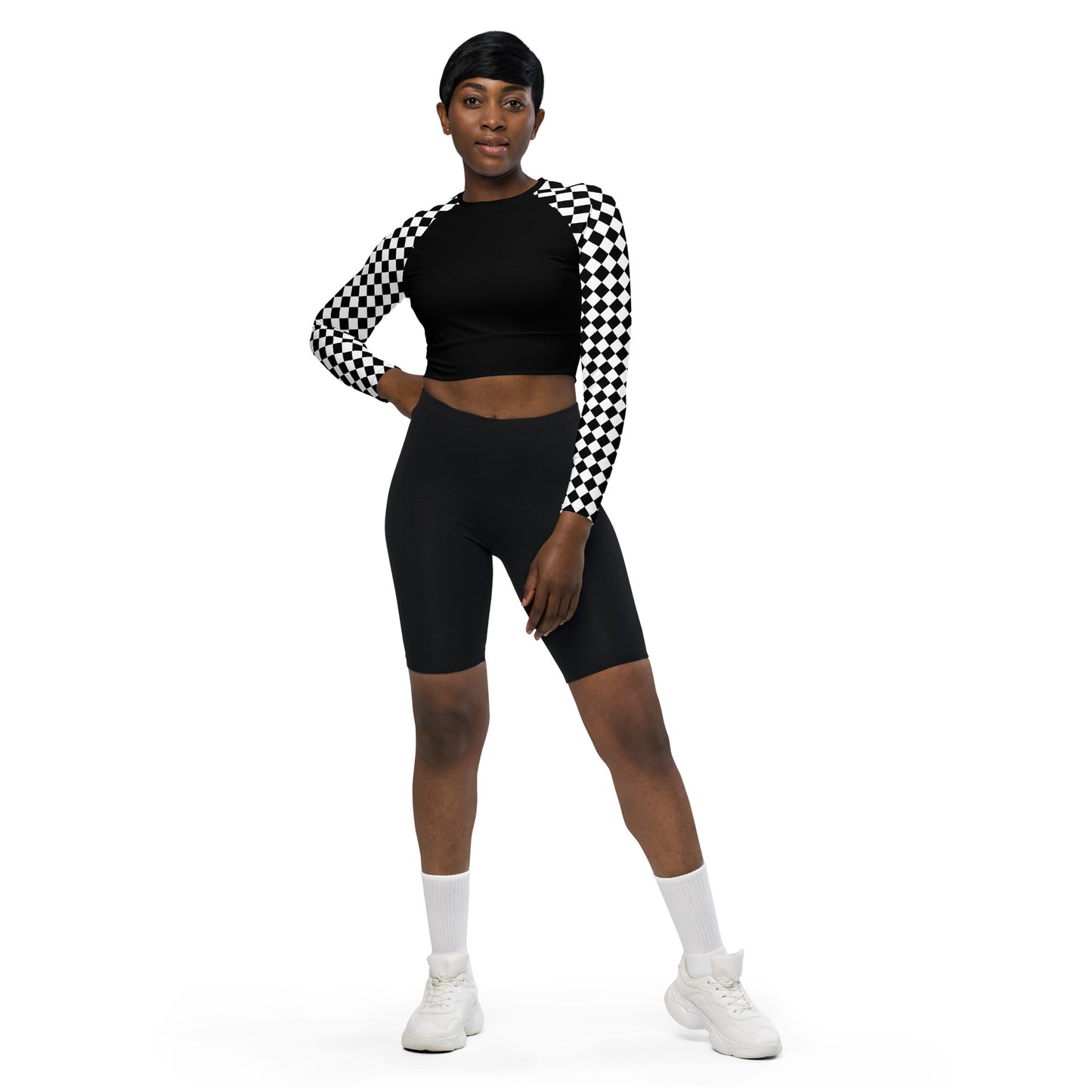 Geometric B&W Recycled Long Sleeve Crop Top