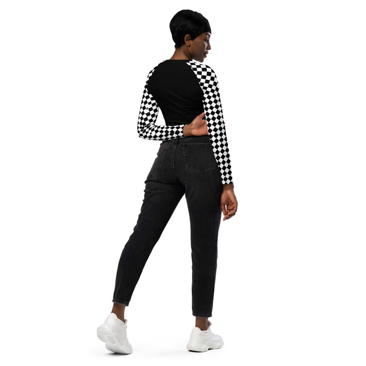 Geometric B&W Recycled Long Sleeve Crop Top